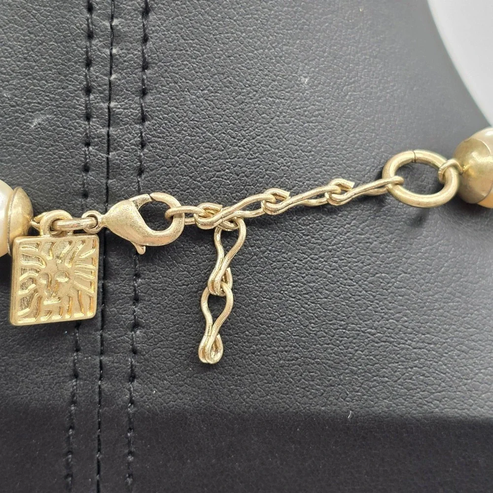 Anne Klein Gold Tone Faux Pearl Bead Cap Link Necklace with Lion Logo Charm